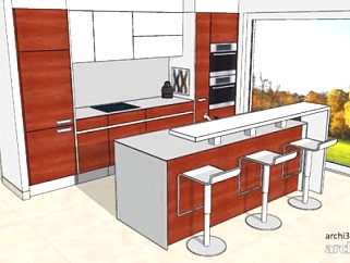 红色岛型家居开放厨房SU模型下载_sketchup草图大师SKP模型