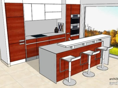 红色岛型家居开放厨房SU模型下载_sketchup草图大师SKP模型