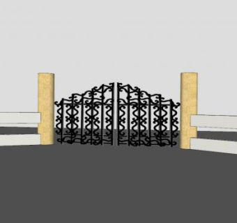 圆砖柱铁艺大门SU模型下载_sketchup草图大师SKP模型