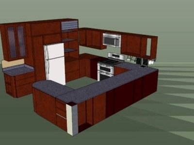 中式U型家居封闭厨房SU模型下载_sketchup草图大师SKP模型