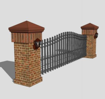 砖石门柱珊栏铁门SU模型下载_sketchup草图大师SKP模型