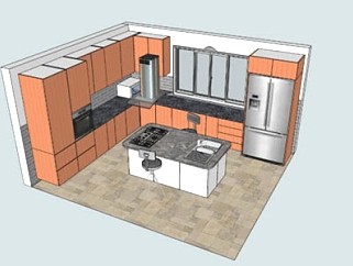 L型室内家居开放厨房SU模型下载_sketchup草图大师SKP模型