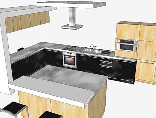 现代橡木橱柜家居开放厨房SU模型下载_sketchup草图大师SKP模型