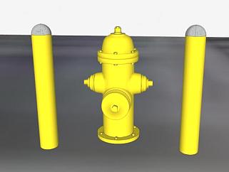 黄色室外消火栓和保护杆SU模型下载_sketchup草图大师...