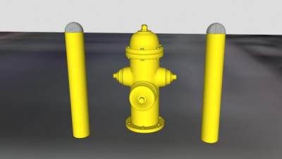 黄色室外消火栓和保护杆SU模型下载_sketchup草图大师SKP模型