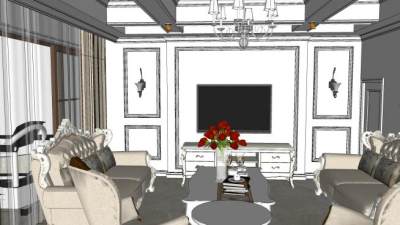 欧式整套别墅三层客厅SU模型下载_sketchup草图大师SKP模型