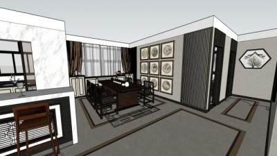 新中式客厅装修SU模型下载_sketchup草图大师SKP模型