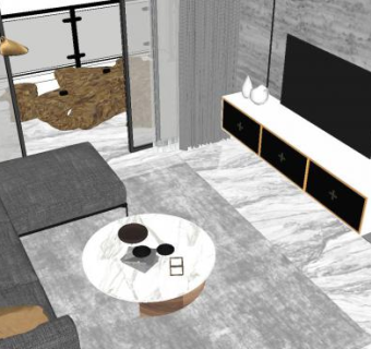 现代风格室内客厅三房两厅SU模型下载_sketchup草图大师SKP模型