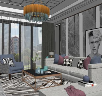 现代轻奢客厅装修SU模型下载_sketchup草图大师SKP模型