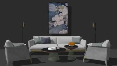 现代沙发组合客厅装修SU模型下载_sketchup草图大师SKP模型