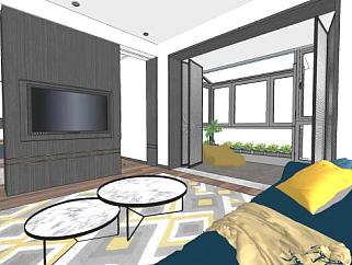 现代风格单身公寓客厅装修SU模型下载_sketchup草图大师SKP模型