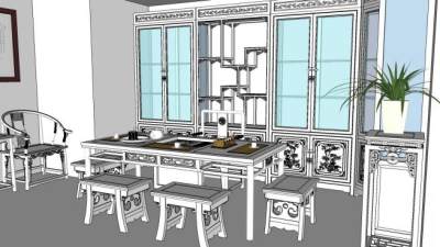 中式客厅茶桌圈椅花架SU模型下载_sketchup草图大师SKP模型