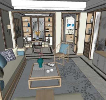 现代中式客厅沙发吊灯家具SU模型下载_sketchup草图大师SKP模型