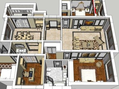 美式风格客餐厅卫生间装修SU模型下载_sketchup草图大师SKP模型