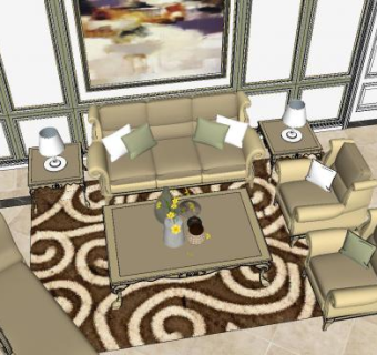 美式风格客餐厅卫生间装修SU模型下载_sketchup草图大师SKP模型