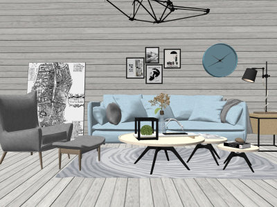 北欧风格软装客厅SU模型下载_sketchup草图大师SKP模型