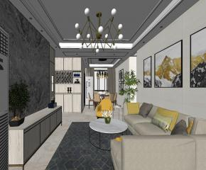 现代风格客厅餐厅装修SU模型下载_sketchup草图大师SKP模型