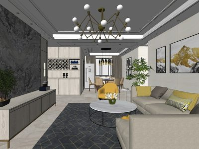 现代风格客厅餐厅装修SU模型下载_sketchup草图大师SKP模型