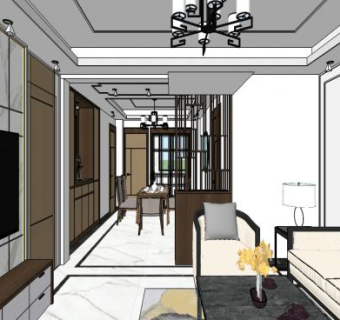 新中式客餐厅室内复古装修SU模型下载_sketchup草图大师SKP模型
