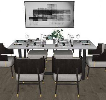 现代新中式餐厅餐桌SU模型下载_sketchup草图大师SKP模型