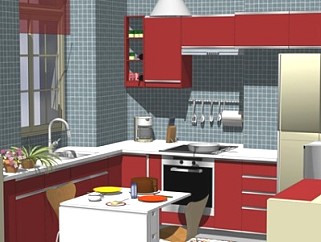 现代红色室内厨房家装SU模型下载_sketchup草图大师SKP模型