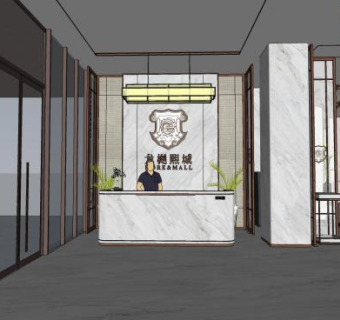 新中式售楼处酒店大堂装修SU模型下载_sketchup草图大师SKP模型
