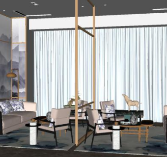 新中式售楼处休息厅SU模型下载_sketchup草图大师SKP模型