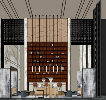 新中式售楼处洽谈区图书馆SU模型下载_sketchup草图大师SKP模型