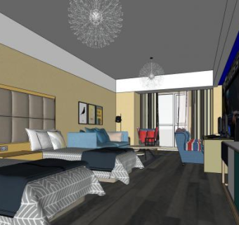 电竞酒店双床客房室内SU模型下载_sketchup草图大师SKP模型