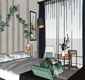 现代风酒店民宿客房SU模型下载_sketchup草图大师SKP模型