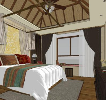 东南亚风格酒店标准客房SU模型下载_sketchup草图大师SKP模型