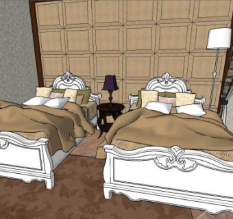 美式客房标准双人间SU模型下载_sketchup草图大师SKP模型