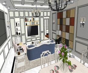 美式客厅餐厅装修SU模型下载_sketchup草图大师SKP模型