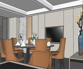 新中式酒店餐厅包房SU模型下载_sketchup草图大师SKP模型