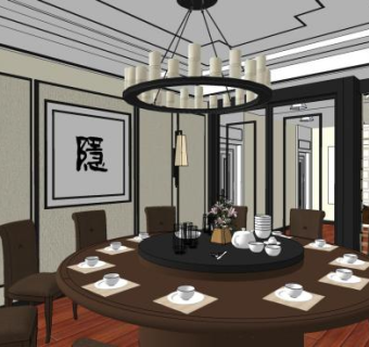 中式酒店餐厅装修SU模型下载_sketchup草图大师SKP模型