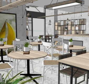 工业风水泥墙咖啡厅SU模型下载_sketchup草图大师SKP模型