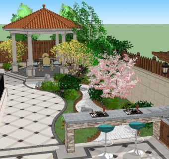 欧式独栋别墅庭院花园景观SU模型下载_sketchup草图大师SKP模型