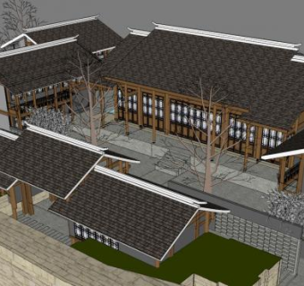 中式独栋别墅农家院SU模型下载_sketchup草图大师SKP模型