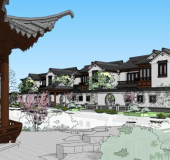 绿城风中式独栋别墅SU模型下载_sketchup草图大师SKP模型