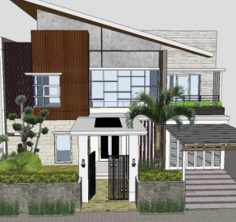 现代风格独栋别墅院子SU模型下载_sketchup草图大师SKP模型