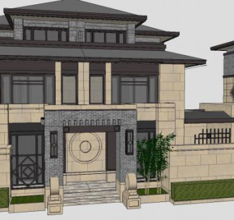 新中式独栋别墅SU模型下载_sketchup草图大师SKP模型