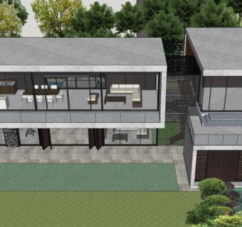 现代山地水景绿化中式独栋别墅SU模型