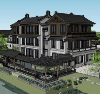 中式风格园林独栋别墅SU模型下载_sketchup草图大师SKP模型