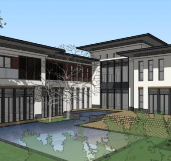 新中式独栋别墅装修SU模型下载_sketchup草图大师SKP模型