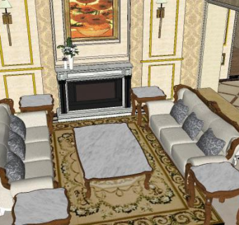 法式独栋大别墅家具SU模型下载_sketchup草图大师SKP模型