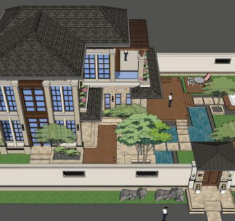 新中式带院子中式独栋别墅SU模型下载_sketchup草图大师SKP模型