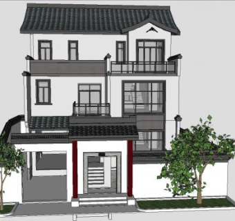 中式风格韵味徽派独栋建筑SU模型下载_sketchup草图大师SKP模型