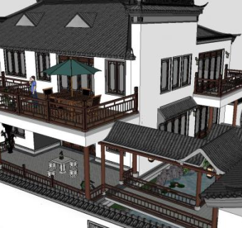 中式独栋别墅景观建筑SU模型下载_sketchup草图大师SKP模型