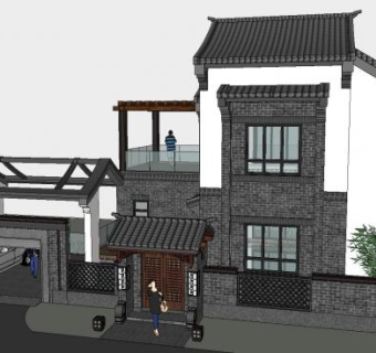 中式风格建筑独栋别墅SU模型下载_sketchup草图大师SKP模型