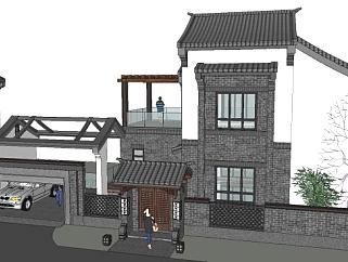 中式风格建筑独栋别墅SU模型下载_sketchup草图大师SKP模型